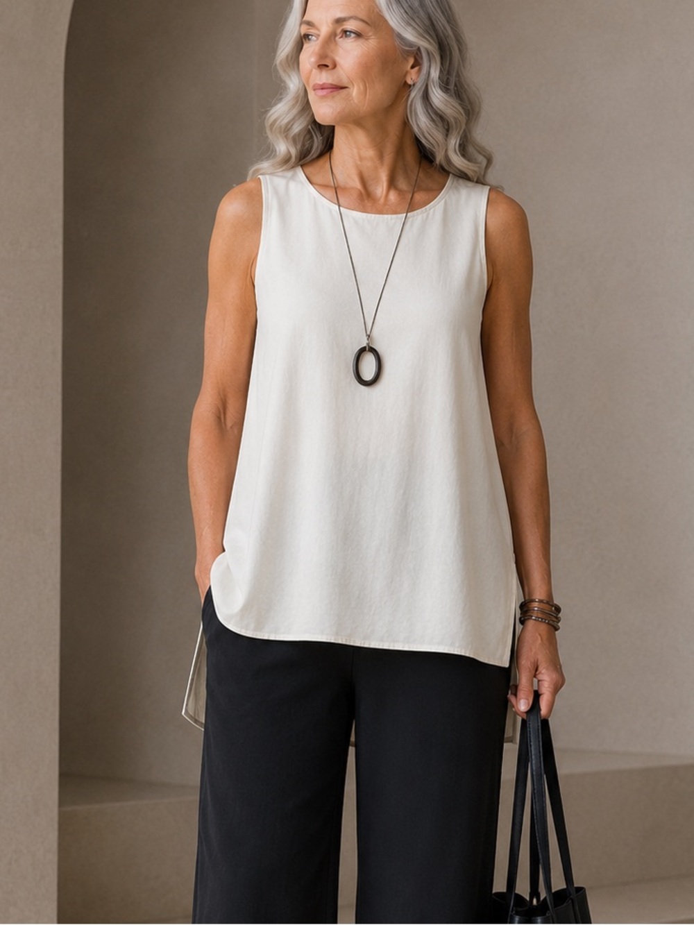 EILEEN FISHER Silk Crepe Tunic Tank M Lagenlook Quiet Luxury Minimalist Oyster